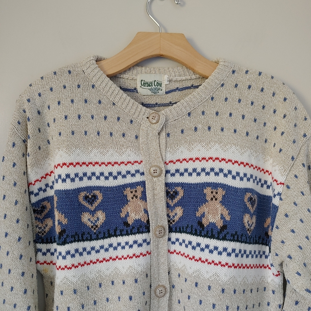 Vintage Cottage Cove Cardigan Knit Sweater Teddy Bear Hearts Size Medium Grandma - Picture 5 of 14
